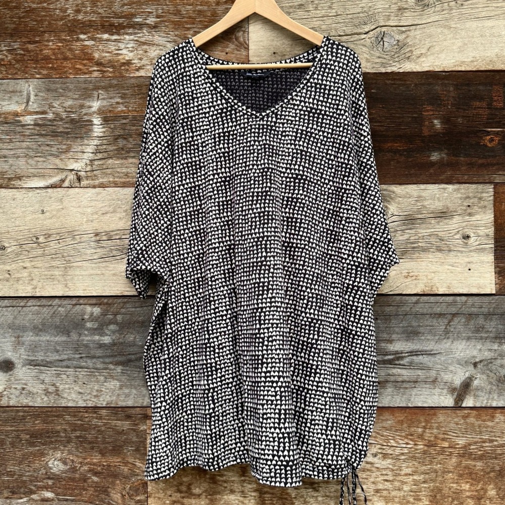 Ulla Popken Heart Print Tunic Top 32/34 Black Cream Cinch Tassel Boho Resort